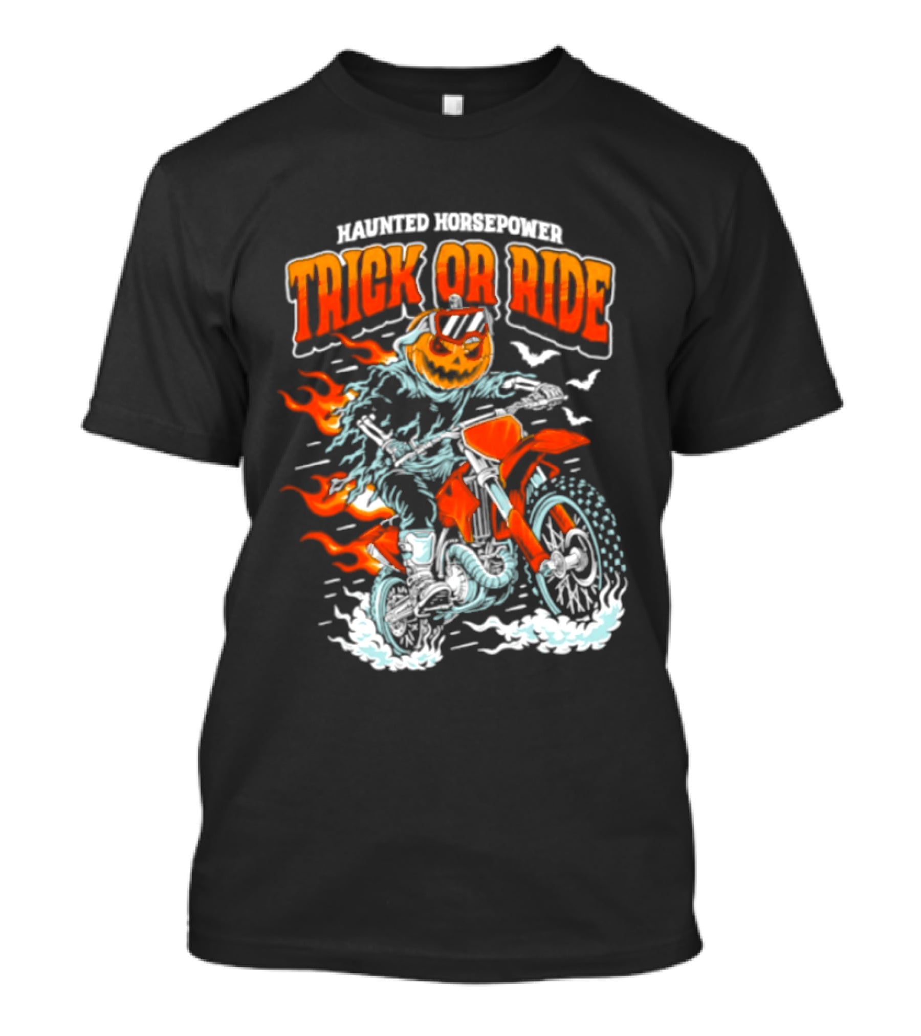 Haunted Horsepower Trick Or Ride Halloween Pumpkin Motorcycle Flames T-Shirt