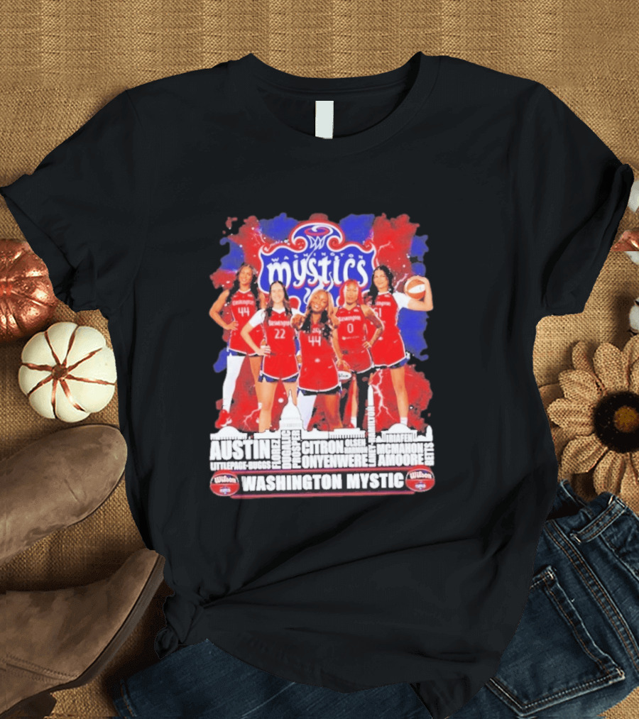 Washington Mystics Roster WNBA Basketball Skyline Austin Littlepage Buggs Poole Citron Onyenwere Amihere Olsen McMahon Amooore T-Shirt