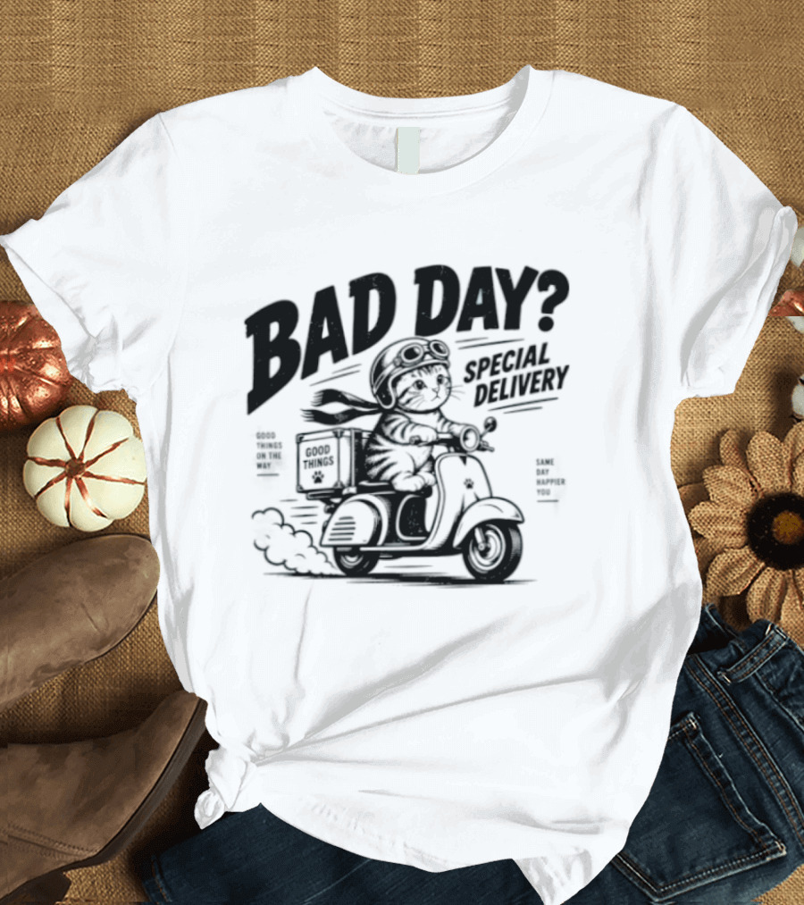 Bad Day Special Delivery Scooter Cat Adventure T-Shirt