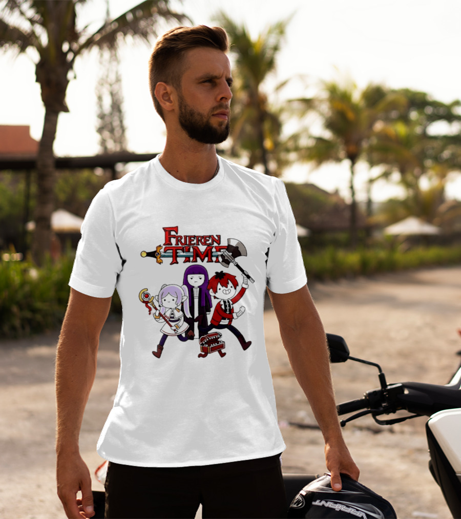 Frieren Time Adventure Time Anime Crossover Characters With Weapons And Staff T-Shirt