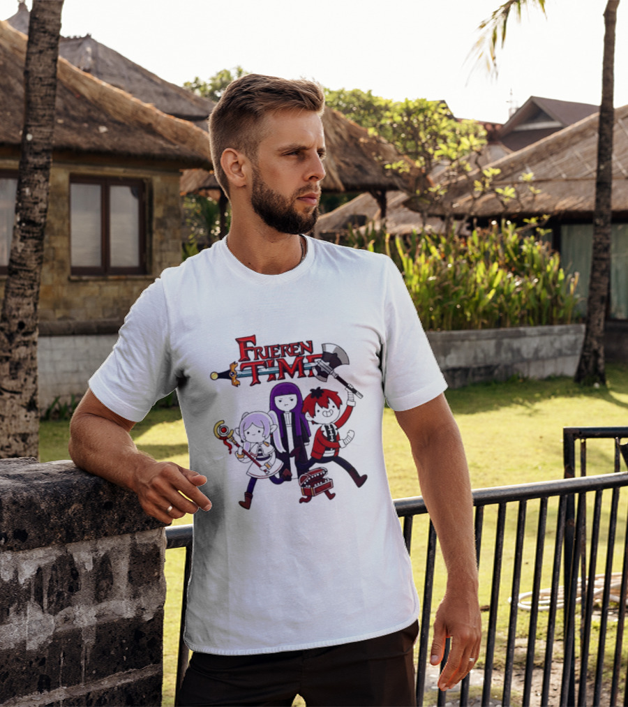 Frieren Time Adventure Time Anime Crossover Characters With Weapons And Staff T-Shirt