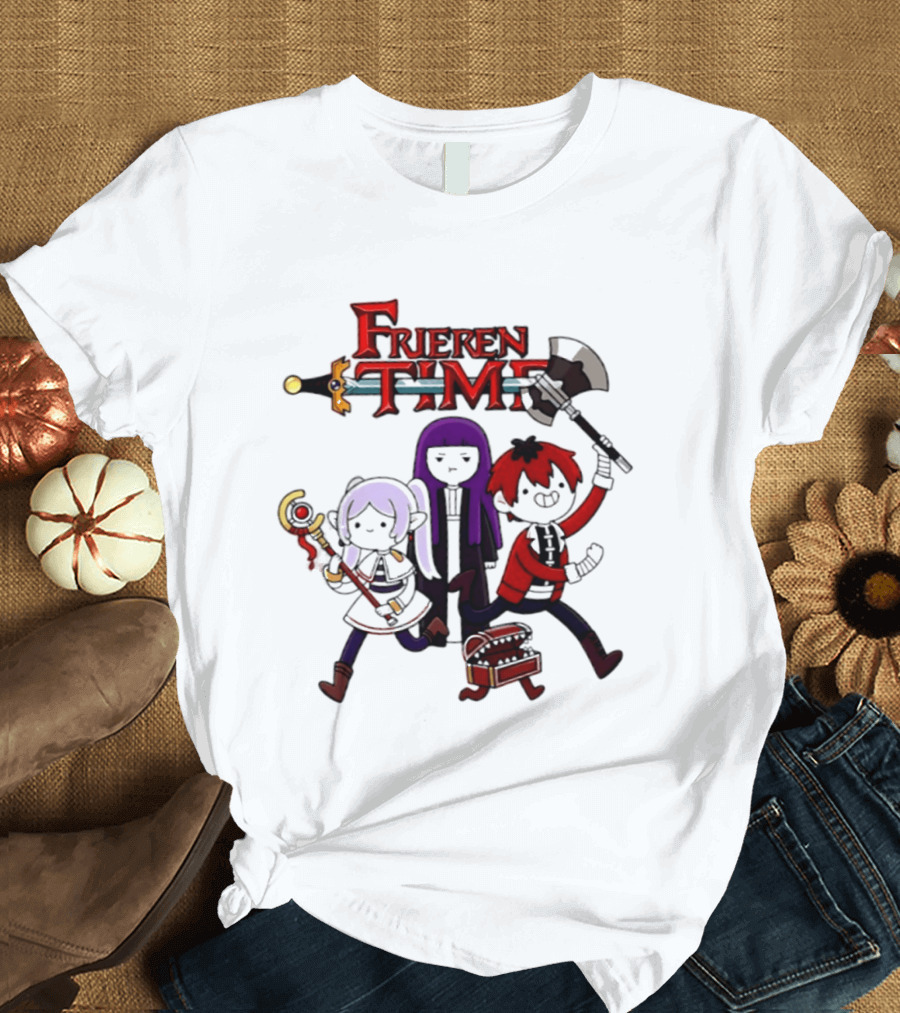 Frieren Time Adventure Time Anime Crossover Characters With Weapons And Staff T-Shirt