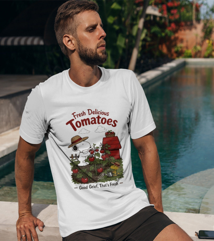 Snoopy Fresh Delicious Tomatoes Good Grief That's Fresh Garden Scene T-Shirt