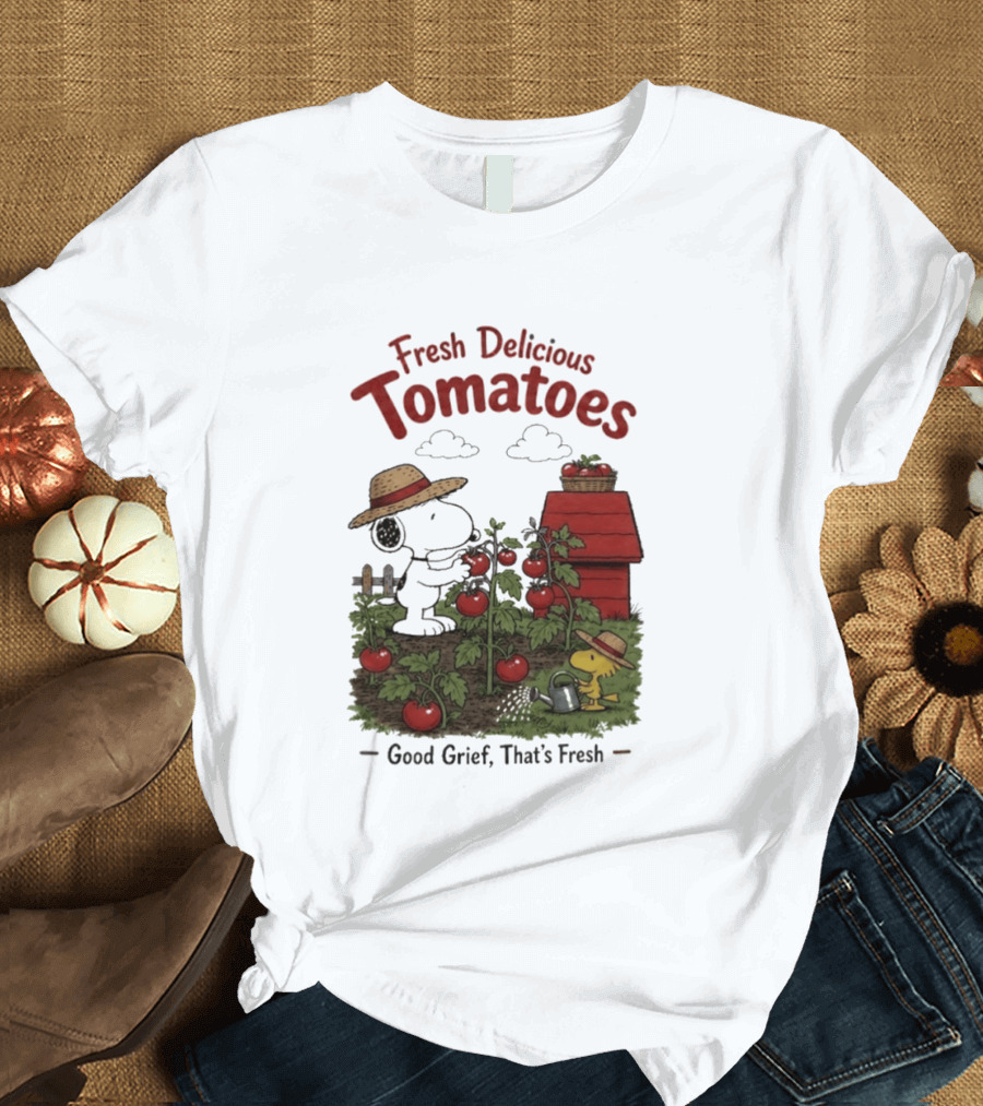 Snoopy Fresh Delicious Tomatoes Good Grief That's Fresh Garden Scene T-Shirt