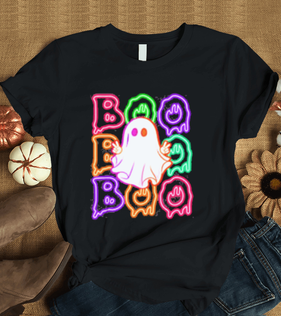 Ghost Boo Neon Halloween Spooky Bright T-Shirt