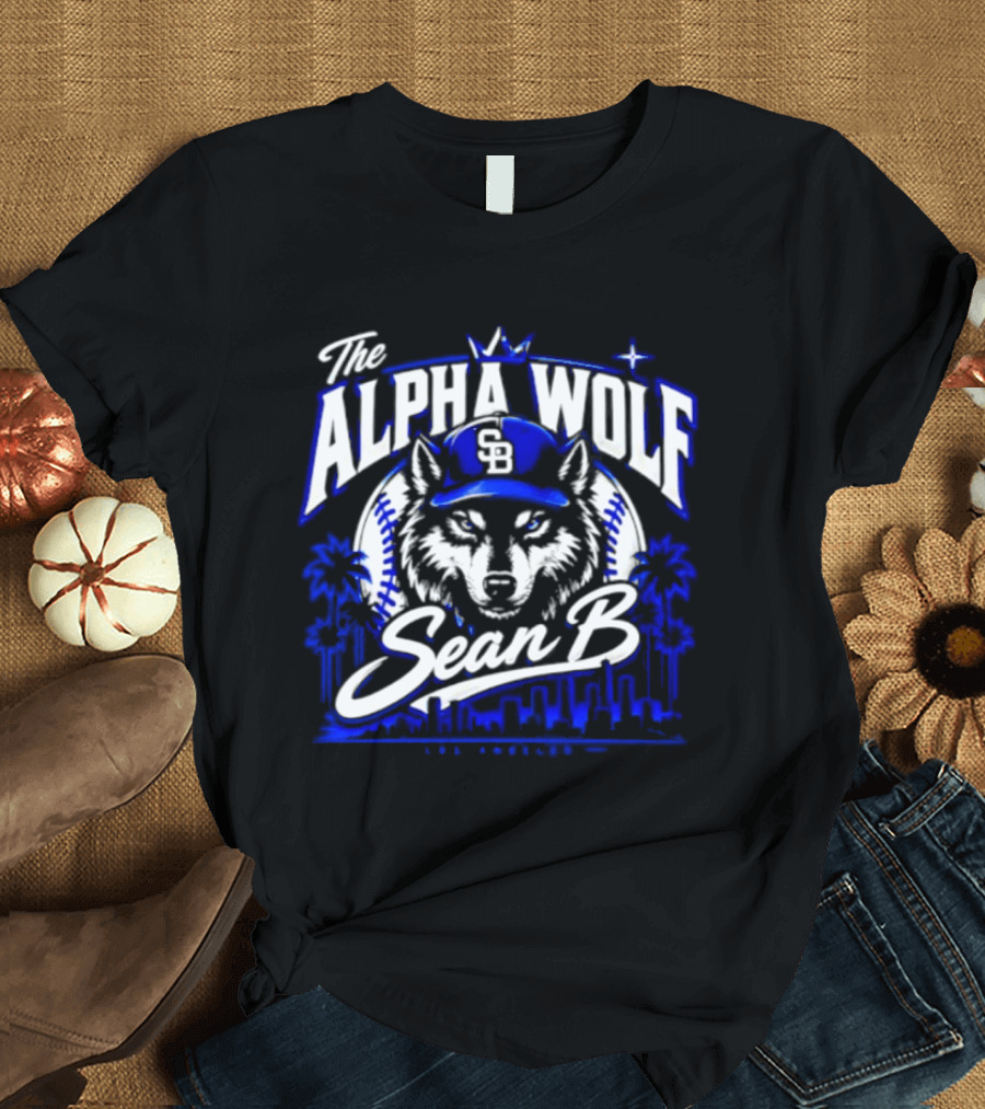 The Alpha Wolf Sean B LA Dodgers Skyline Wolf Baseball Cap Stars Palms T-Shirt