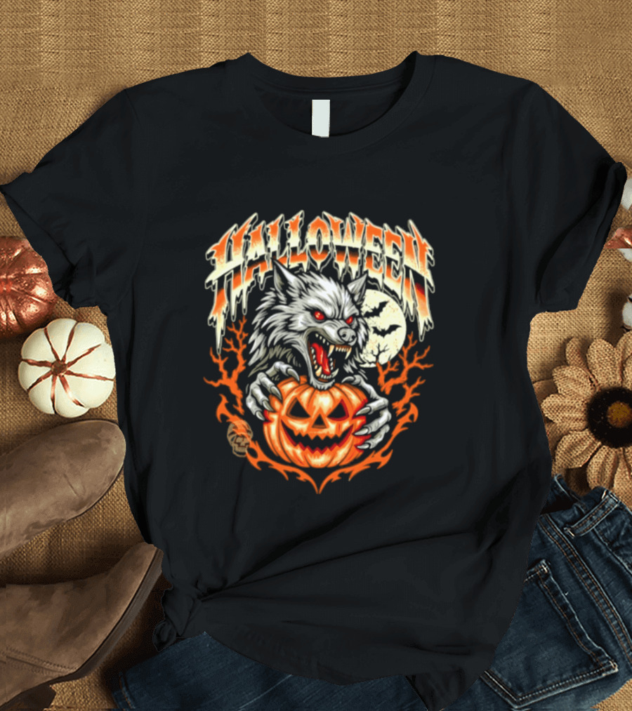 Halloween Werewolf With Jack O' Lantern And Full Moon T-Shirt
