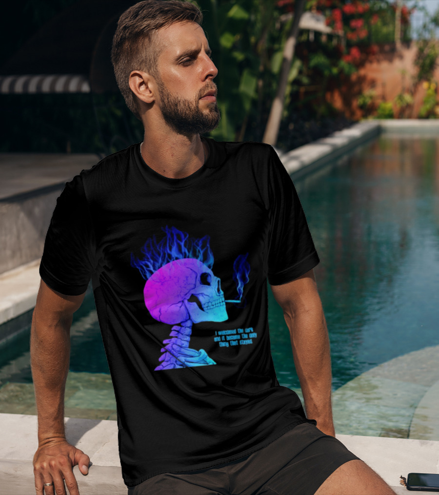 I Welcomed The Dark And It Became The Only Thing That Stayed Skull Smoking Blue Fire Hair T-Shirt