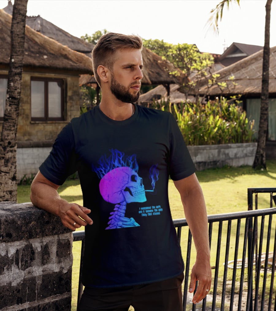 I Welcomed The Dark And It Became The Only Thing That Stayed Skull Smoking Blue Fire Hair T-Shirt