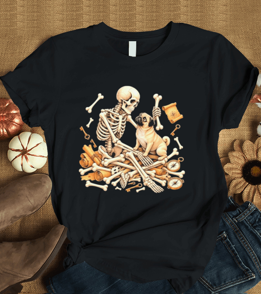Skeleton And Pug With Bones And Scrolls Halloween Adventure T-Shirt