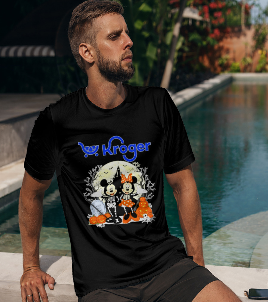 Kroger Mickey And Minnie Mouse Skeleton Halloween Pumpkins And Gravestone T-Shirt