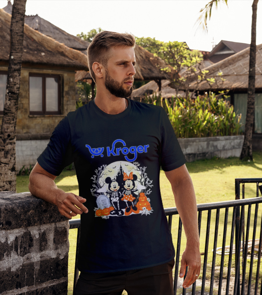 Kroger Mickey And Minnie Mouse Skeleton Halloween Pumpkins And Gravestone T-Shirt