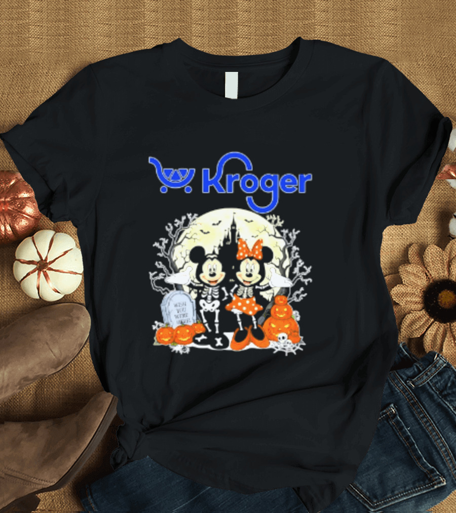 Kroger Mickey And Minnie Mouse Skeleton Halloween Pumpkins And Gravestone T-Shirt