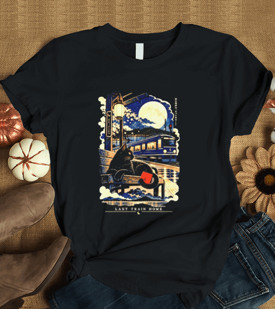 Last Train Home Black Cat Under Moonlit Sky Japanese Aesthetic T-Shirt