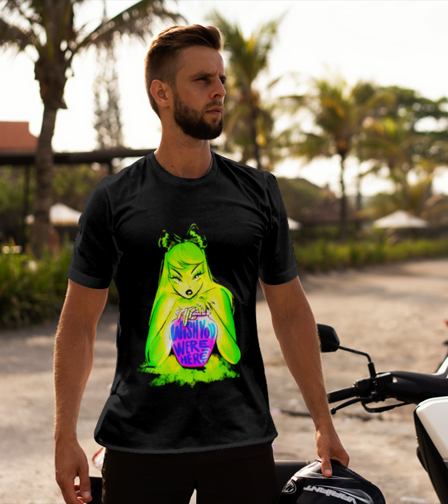 Wish You Were Here Skeleton Urn Goth Spooky Green Yellow Pink Ghostly Aesthetic T-Shirt