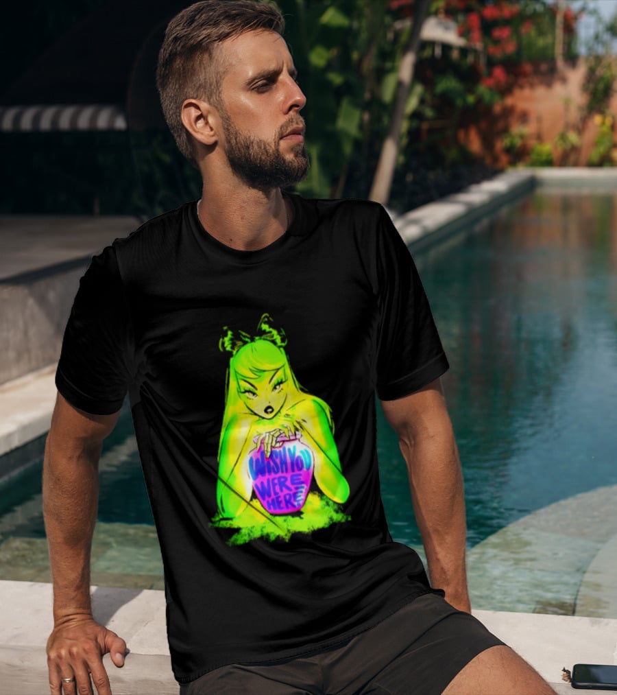 Wish You Were Here Skeleton Urn Goth Spooky Green Yellow Pink Ghostly Aesthetic T-Shirt