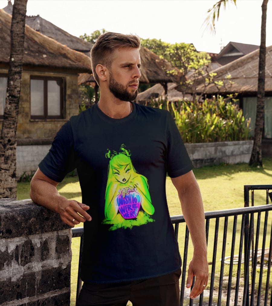 Wish You Were Here Skeleton Urn Goth Spooky Green Yellow Pink Ghostly Aesthetic T-Shirt