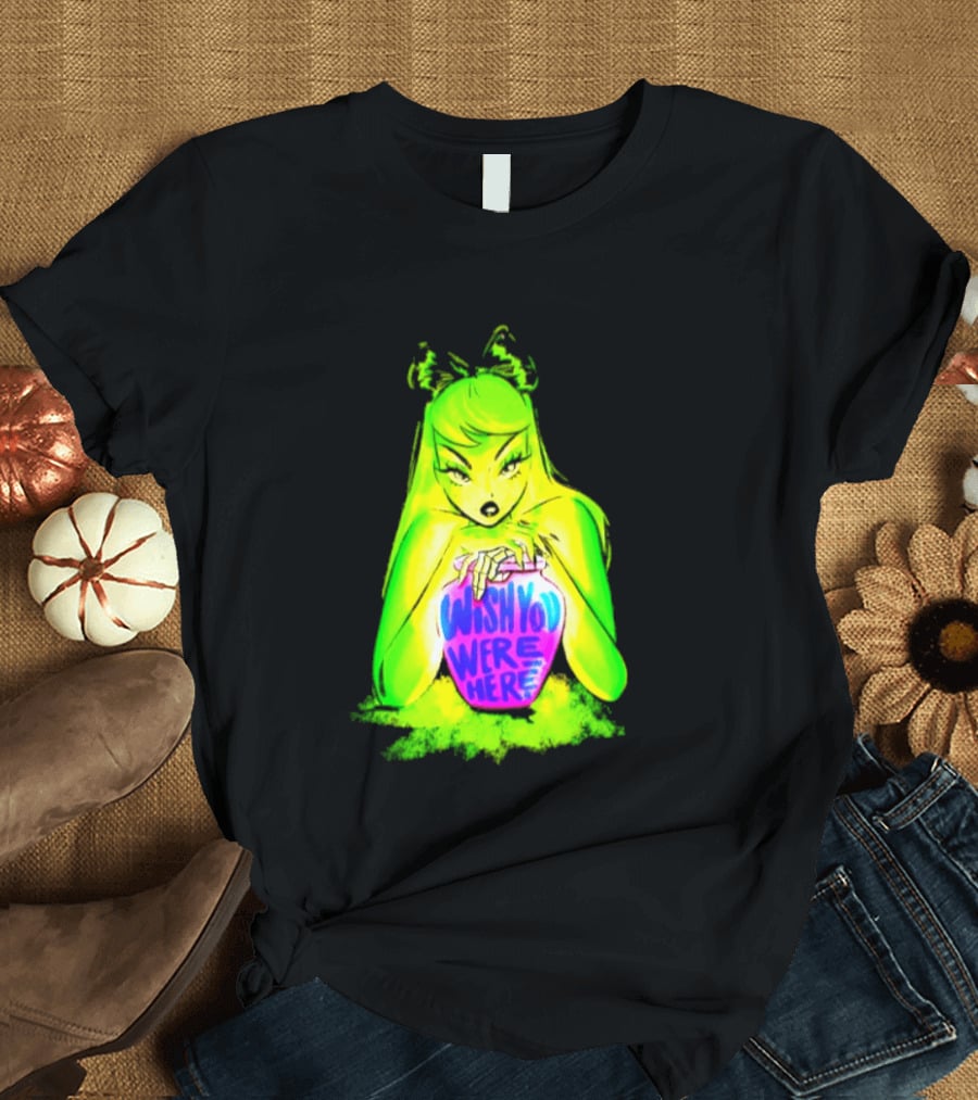 Wish You Were Here Skeleton Urn Goth Spooky Green Yellow Pink Ghostly Aesthetic T-Shirt