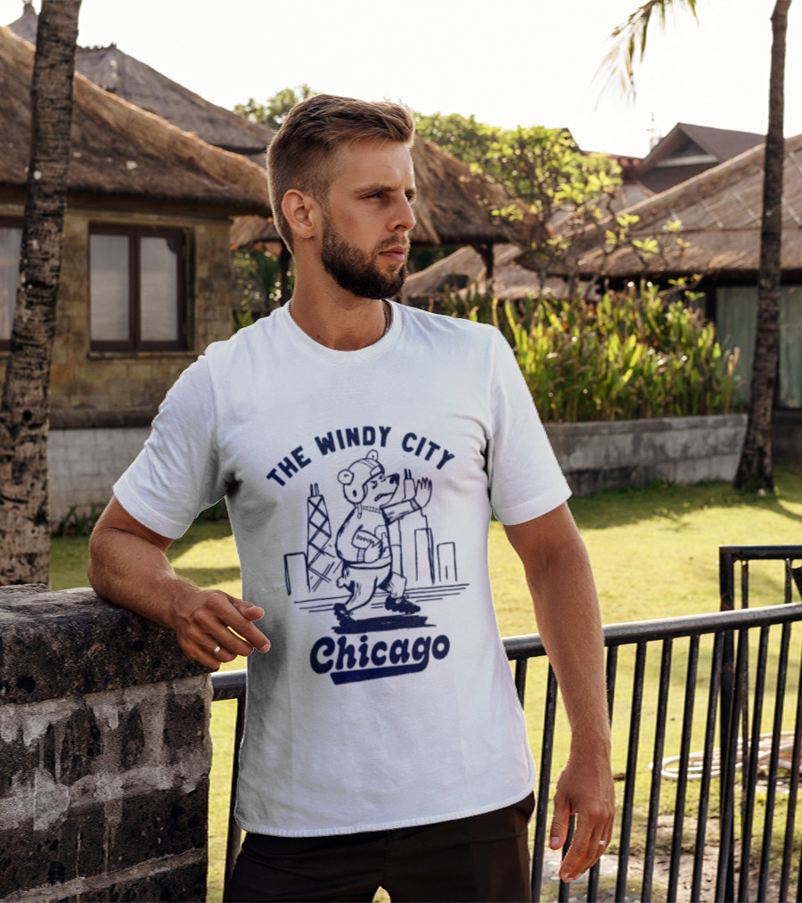 Chicago Bears The Windy City Football Character And Skyline T-Shirt
