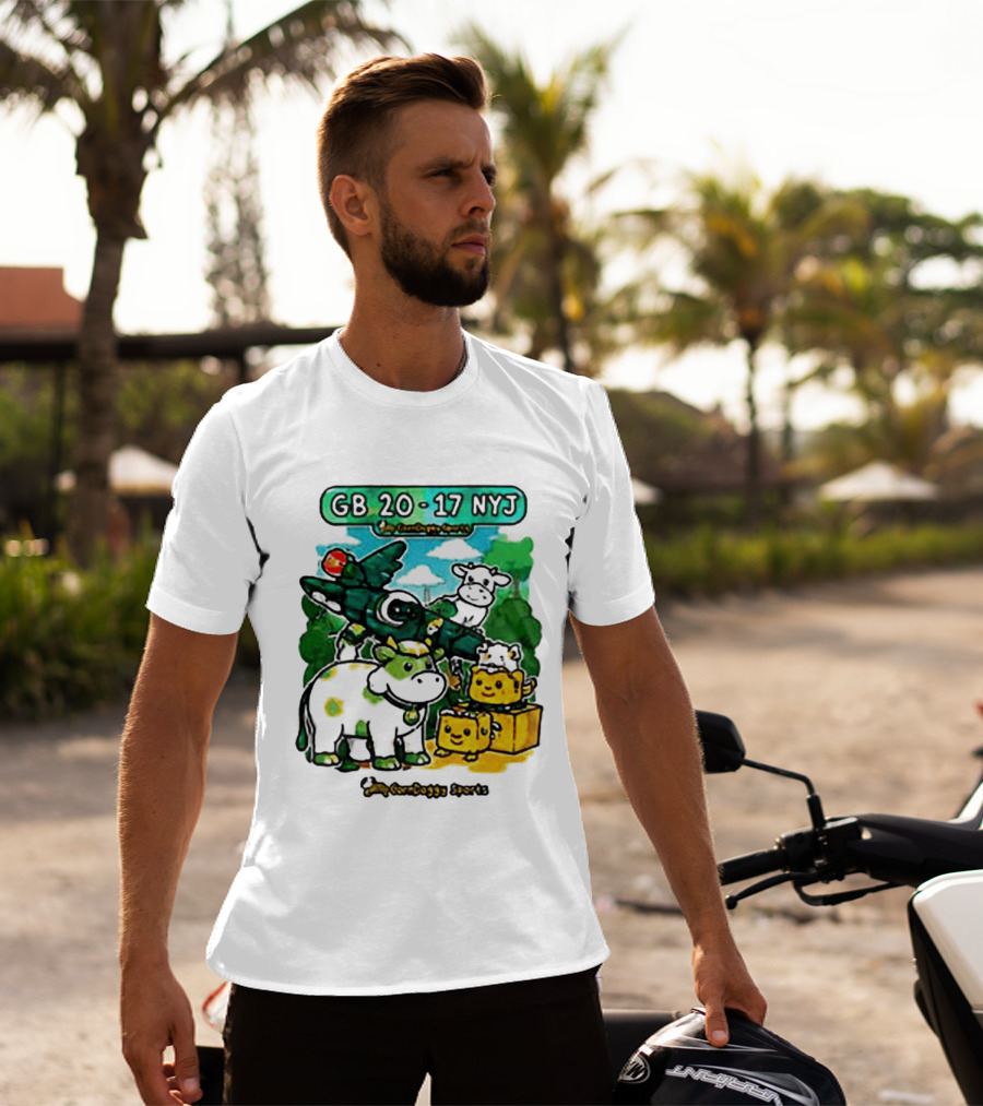 GB 20 17 NYJ Green Bay Football Green Cow Jet Cartoon Game Day T-Shirt