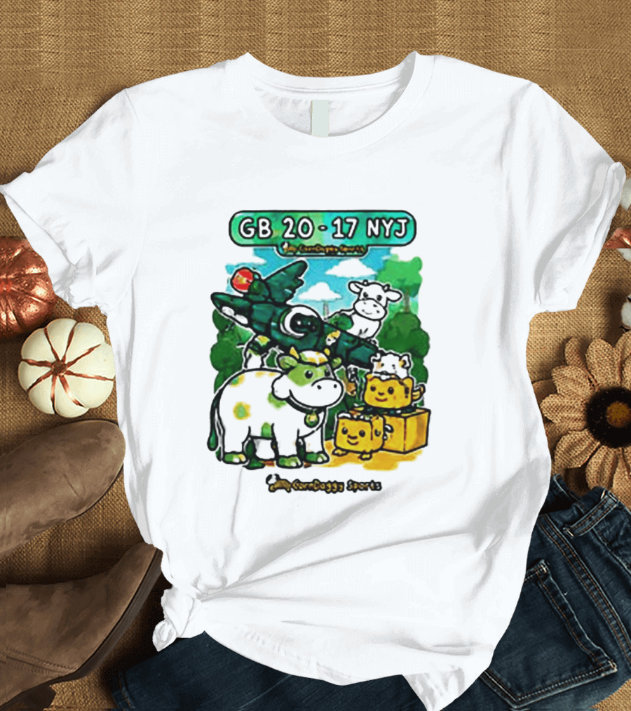 GB 20 17 NYJ Green Bay Football Green Cow Jet Cartoon Game Day T-Shirt