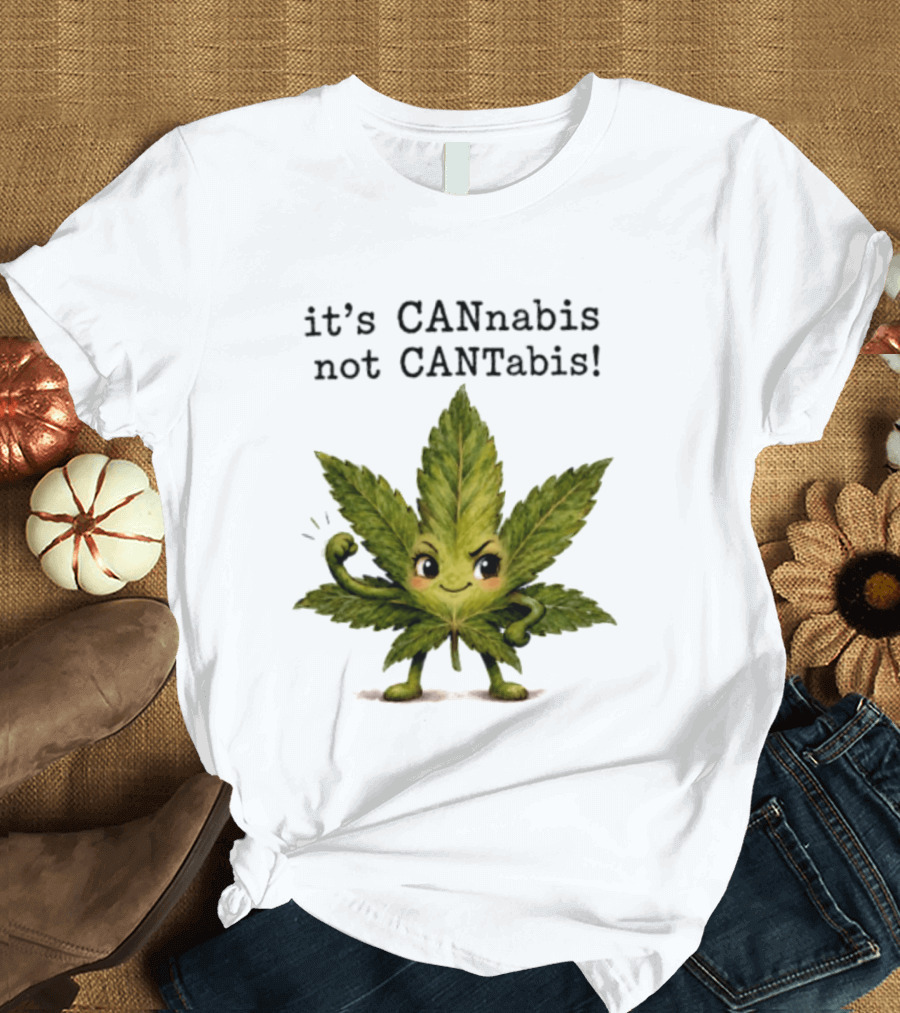 Cannabis Leaf Character It's CANnabis Not CANtabis Winking Cartoon T-Shirt