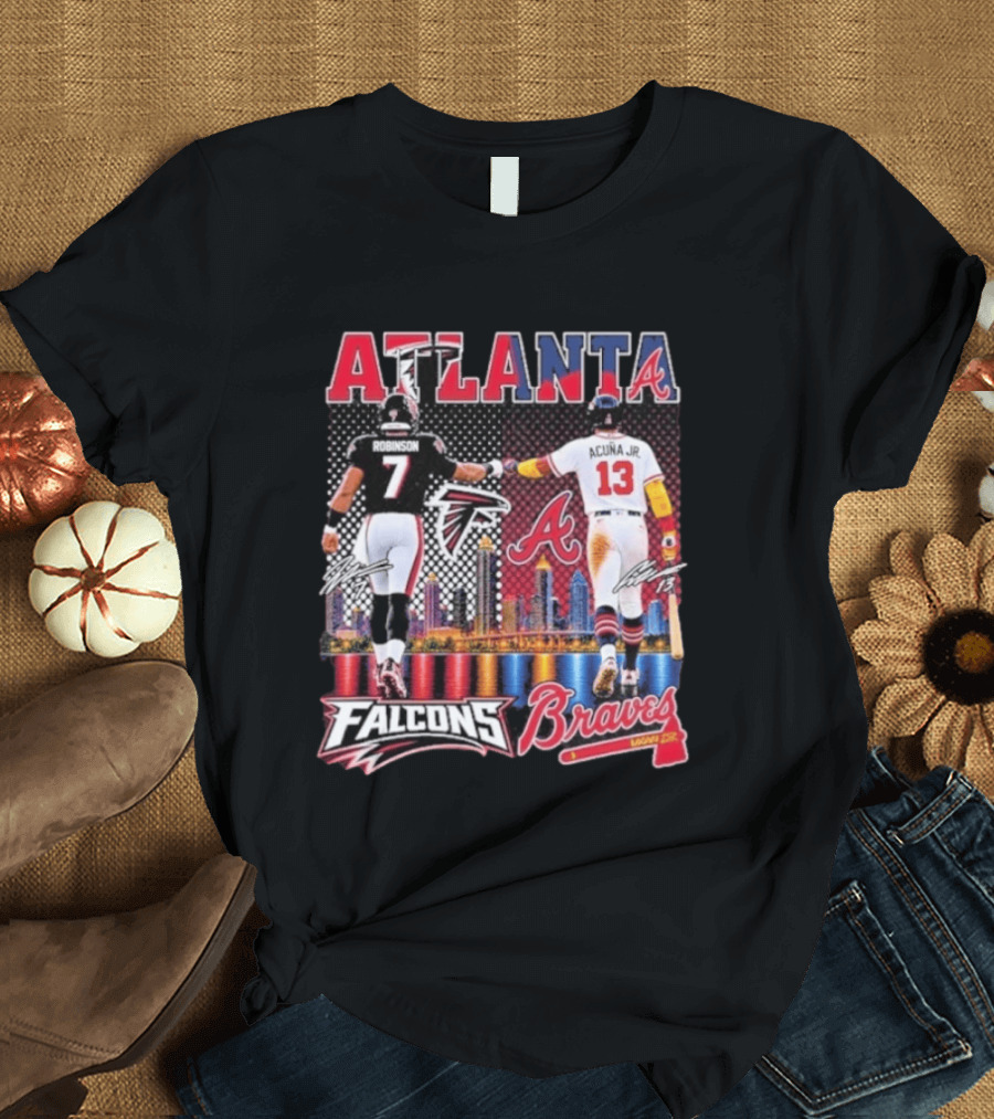 Atlanta Falcons Braves Bijan Robinson Ronald Acuna Jr. Sports City Line T-Shirt