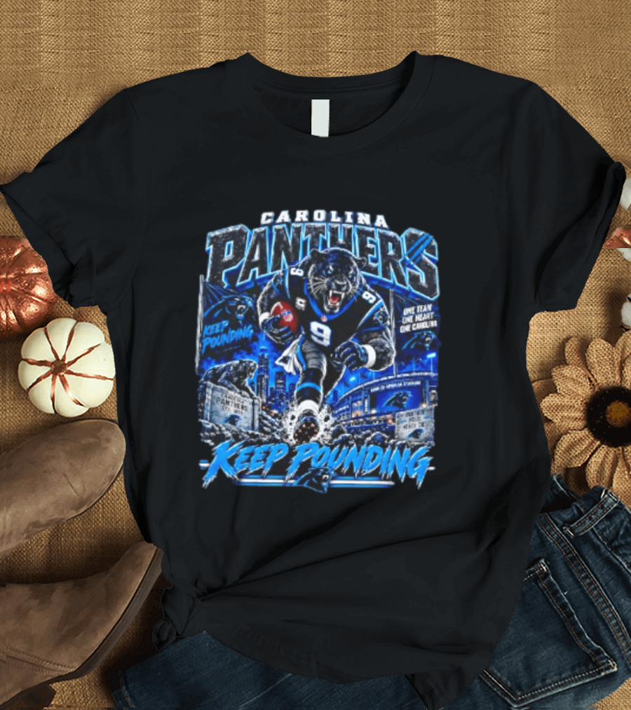 Carolina Panthers Keep Pounding One Team One Heart One Carolina Panthers 9 Football Player City Skyline T-Shirt
