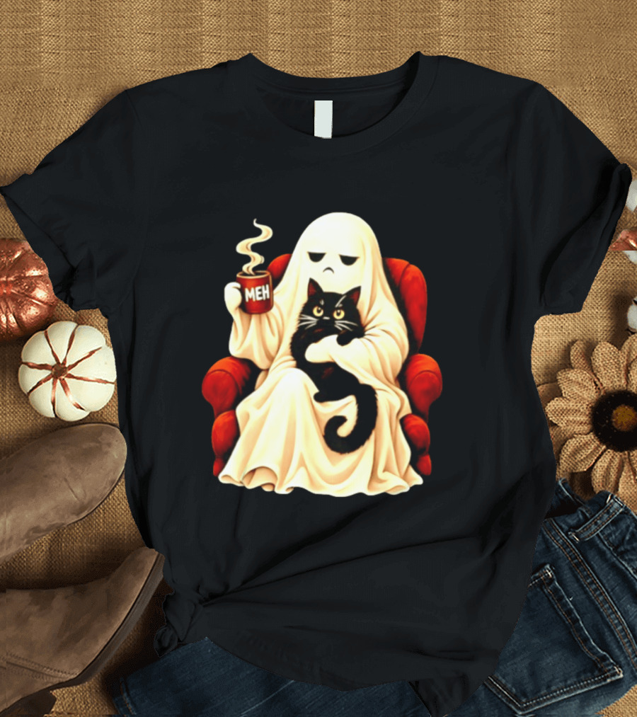 Ghost And Black Cat On Red Chair With Meh Coffee T-Shirt