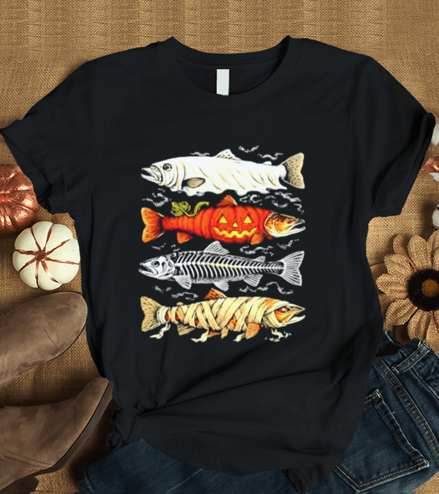 Halloween Pumpkin Mummy Fish Skeleton Trio T-Shirt