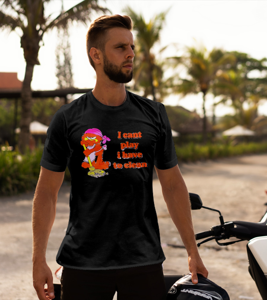 Garfield I Can't Play I Have To Clean Comic Image With Mop And Bandana T-Shirt