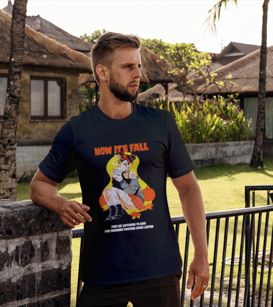 Now It's Fall Emo And Pumpkin Spice Lattes Aesthetic Cozy Autumn Vibes T-Shirt