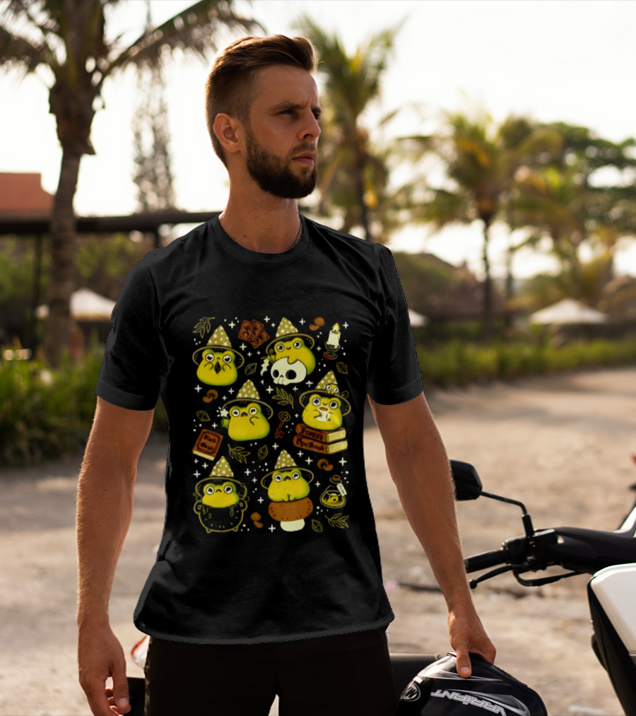 Witchy Froggy Spellbook Black Magic Poison Wizard Hat Mushrooms Potion Bottles T-Shirt