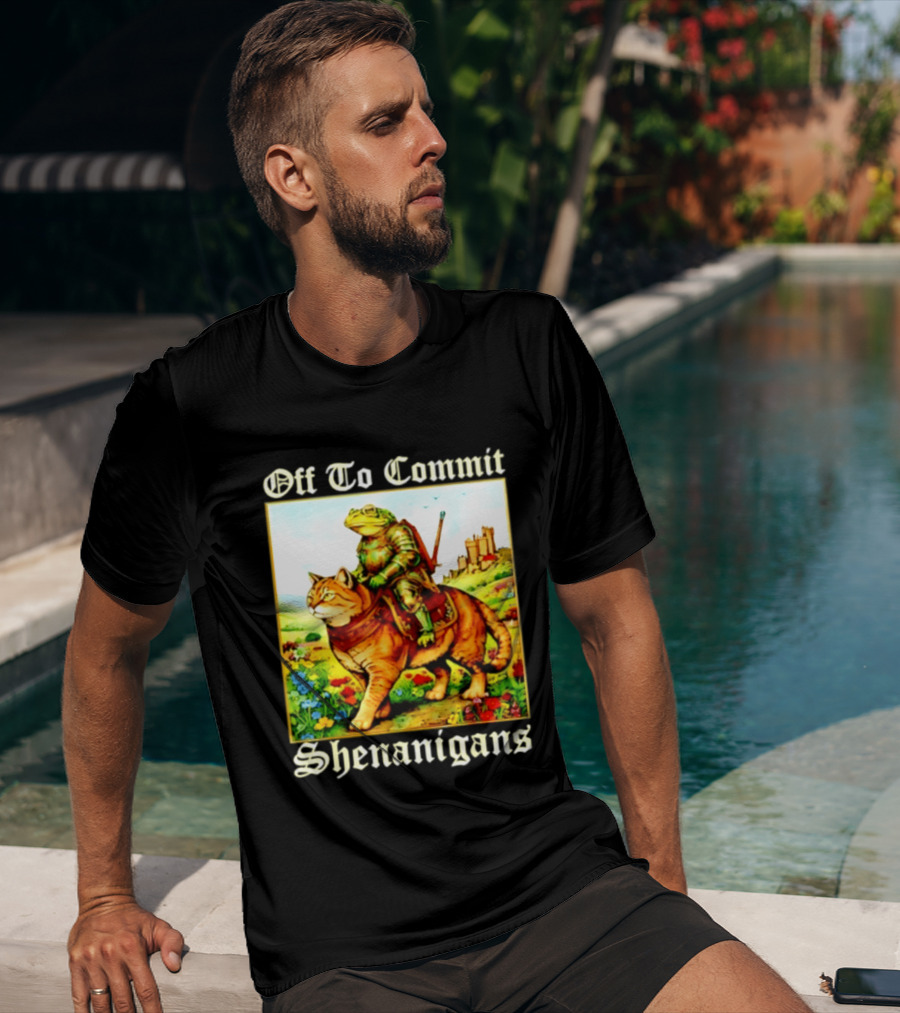 Off To Commit Shenanigans Frog Knight Riding Cat Medieval Adventure T-Shirt