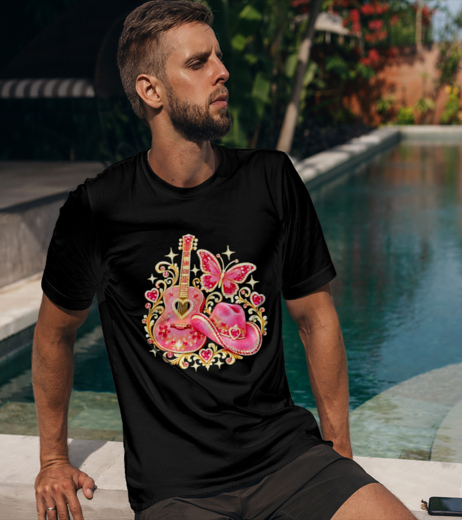 Pink Rhinestone Guitar Cowboy Hat Butterfly Hearts Sparkles T-Shirt