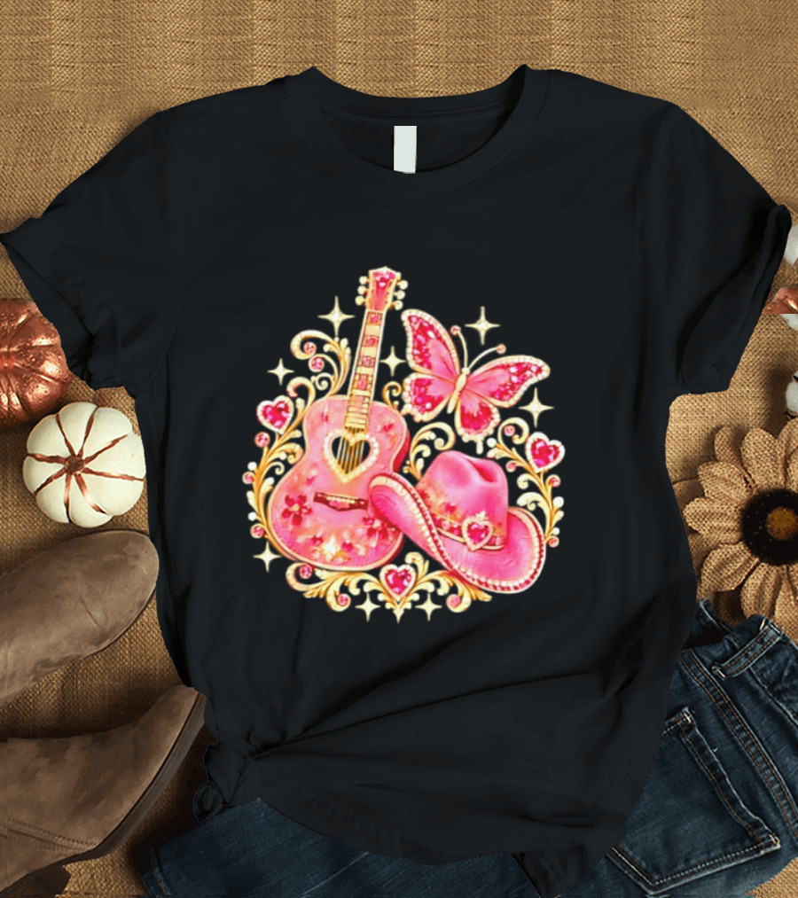 Pink Rhinestone Guitar Cowboy Hat Butterfly Hearts Sparkles T-Shirt