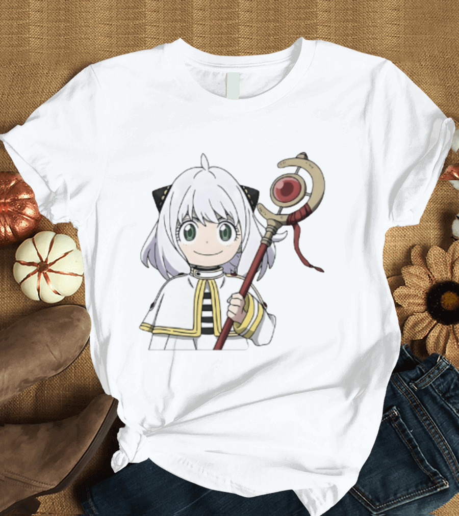 Anya Forger Frieren Crossover Anime Character With Magical Staff T-Shirt