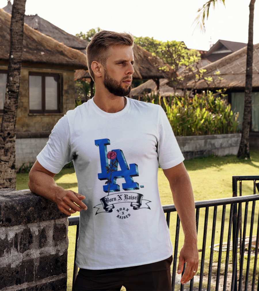 Born X Raised X Los Angeles Dodgers Forever Blue LA Rose T-Shirt