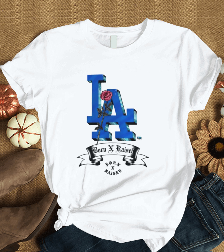 Born X Raised X Los Angeles Dodgers Forever Blue LA Rose T-Shirt