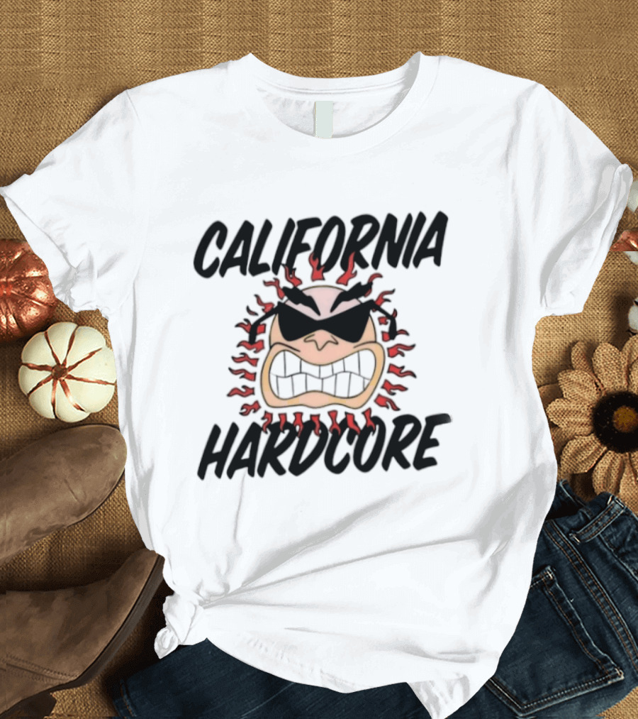California Hardcore Sun With Sunglasses And Fierce Flames T-Shirt