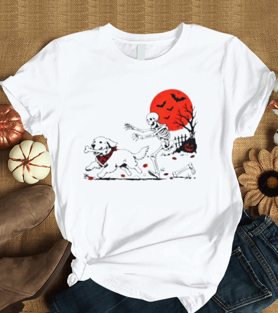 Golden Retriever And Skeleton Chase Under Red Moon With Bats And Pumpkin T-Shirt