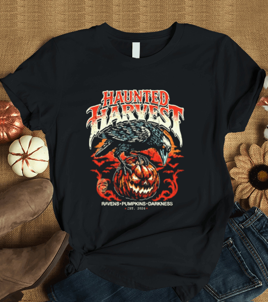Haunted Harvest Ravens Pumpkins Darkness Est 2026 T-Shirt