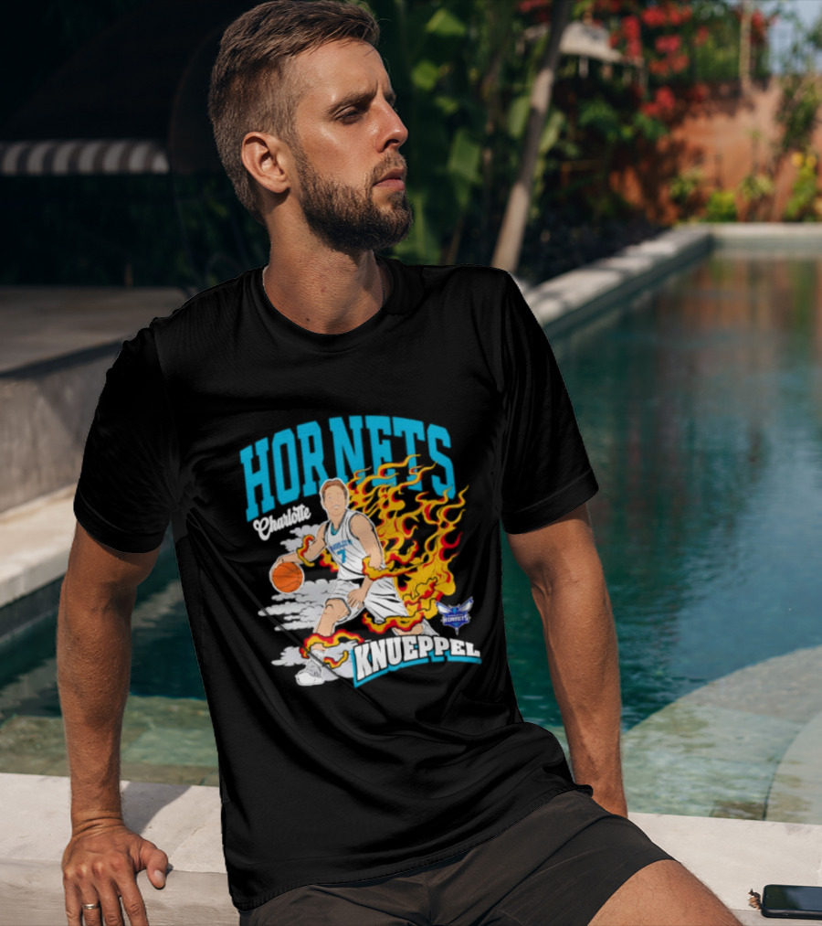 Charlotte Hornets Kon Knueppel Basketball With Flames Motif T-Shirt