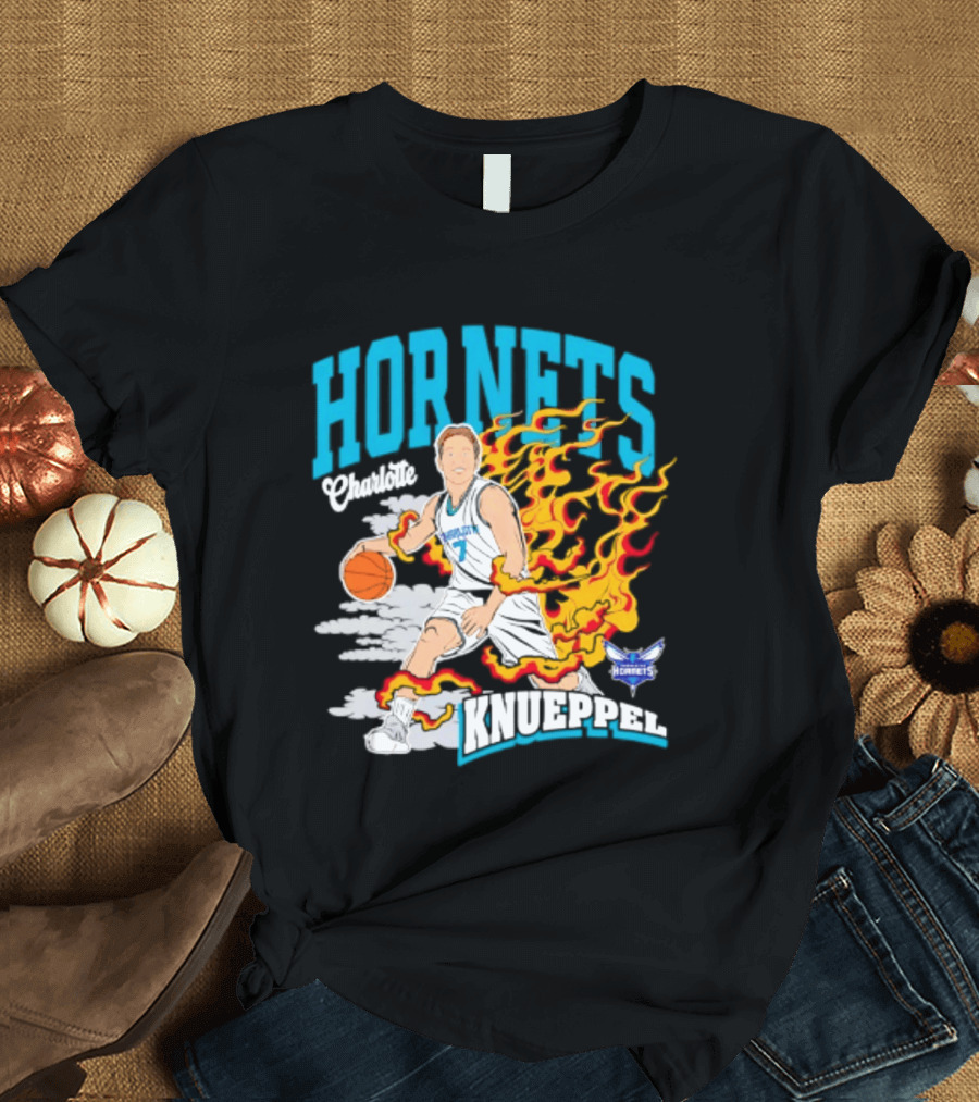 Charlotte Hornets Kon Knueppel Basketball With Flames Motif T-Shirt