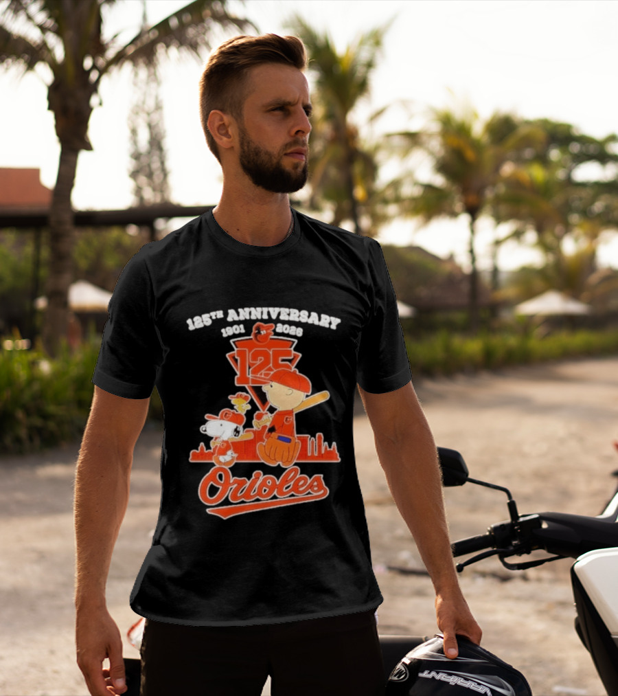 Peanuts Snoopy Baltimore Orioles 125th Anniversary 1901 2026 Skyline Baseball T-Shirt