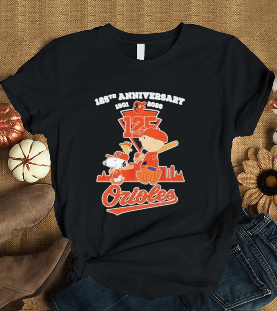 Peanuts Snoopy Baltimore Orioles 125th Anniversary 1901 2026 Skyline Baseball T-Shirt