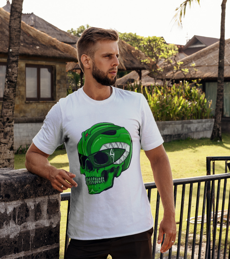 Mighty Morphin Power Rangers Green Ranger Zombie Skull Helmet Mashup T-Shirt