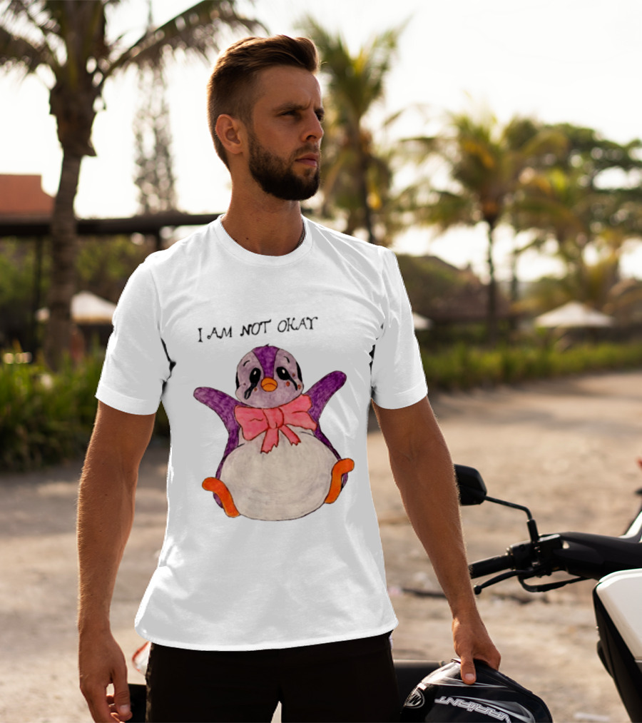 I Am Not Okay Crying Penguin Aesthetic Bow Tearful Purple Orange T-Shirt