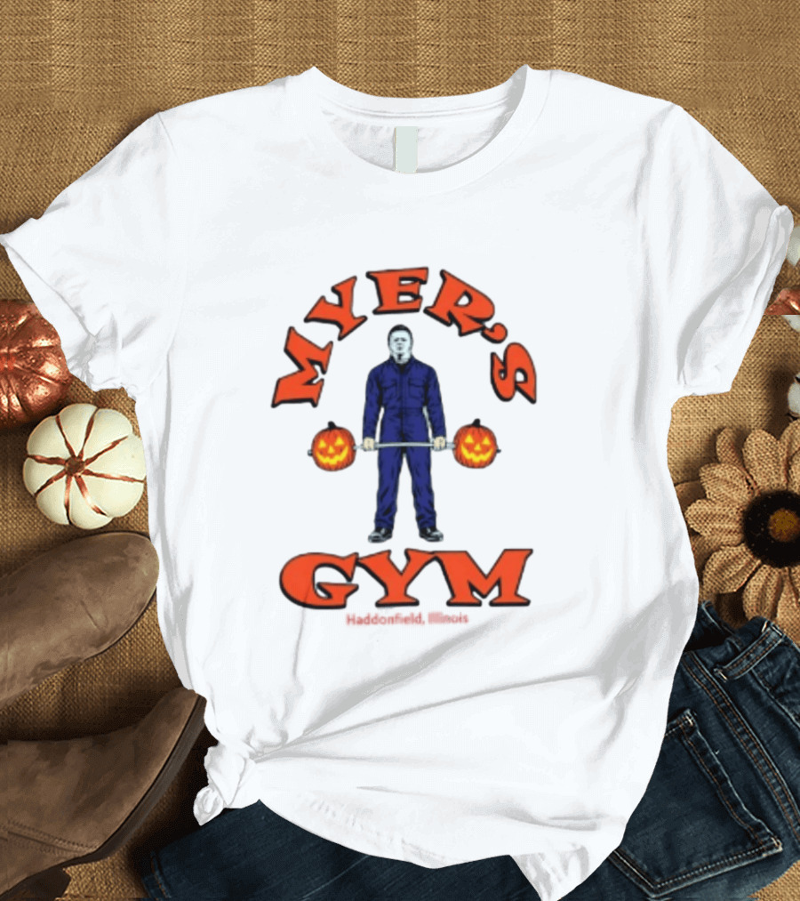 Myers's Gym Haddonfield Illinois Michael Myers Jack O' Lantern Weightlifting Halloween T-Shirt