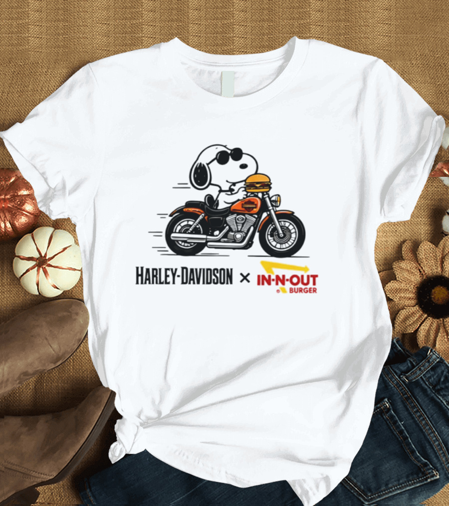 Snoopy Riding Harley Davidson With In N Out Burger Collaboration T-Shirt
